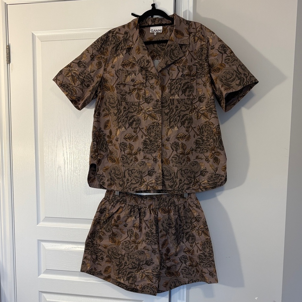 Ganni Brown Floral Short-Sleeve Set